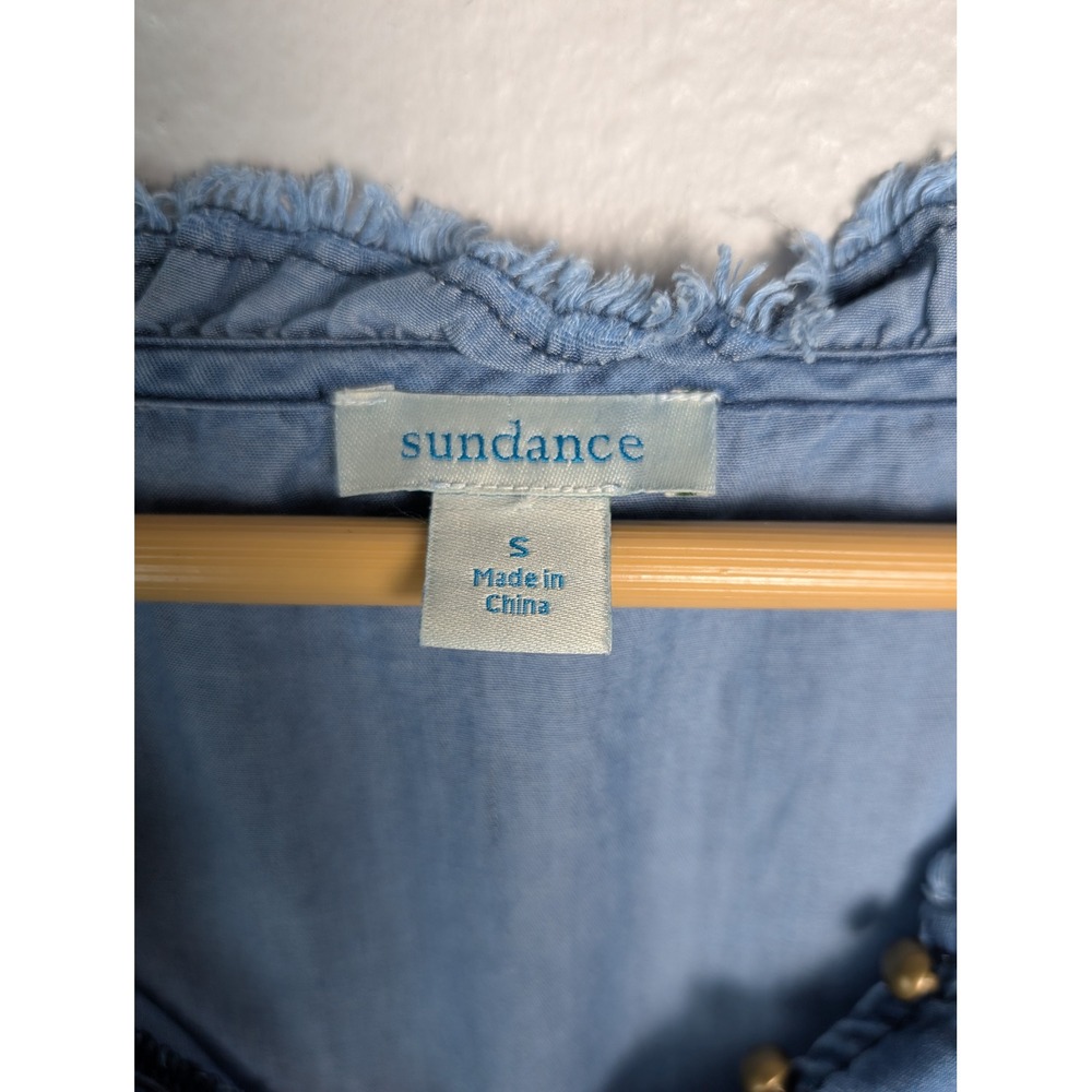 Sundance Womens Blue Tencel Frayed Neck Button Front Raglan Blouse Top Small - Picture 6 of 9